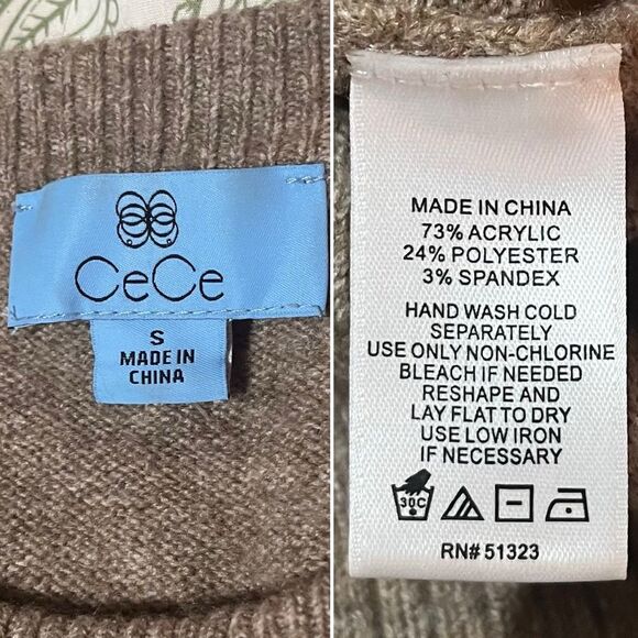 CeCe Tan Crew Neck Pearl Knit Embellished Sweater Long Balloon Sleeves S - Picture 8 of 9